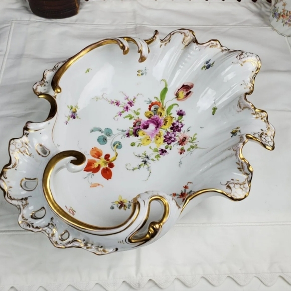 DRESDEN SCALLOP SERVING Dish BOWL Floral RICHARD KLEMM HP  Clam Oyster SHELL - Picture 2 of 16